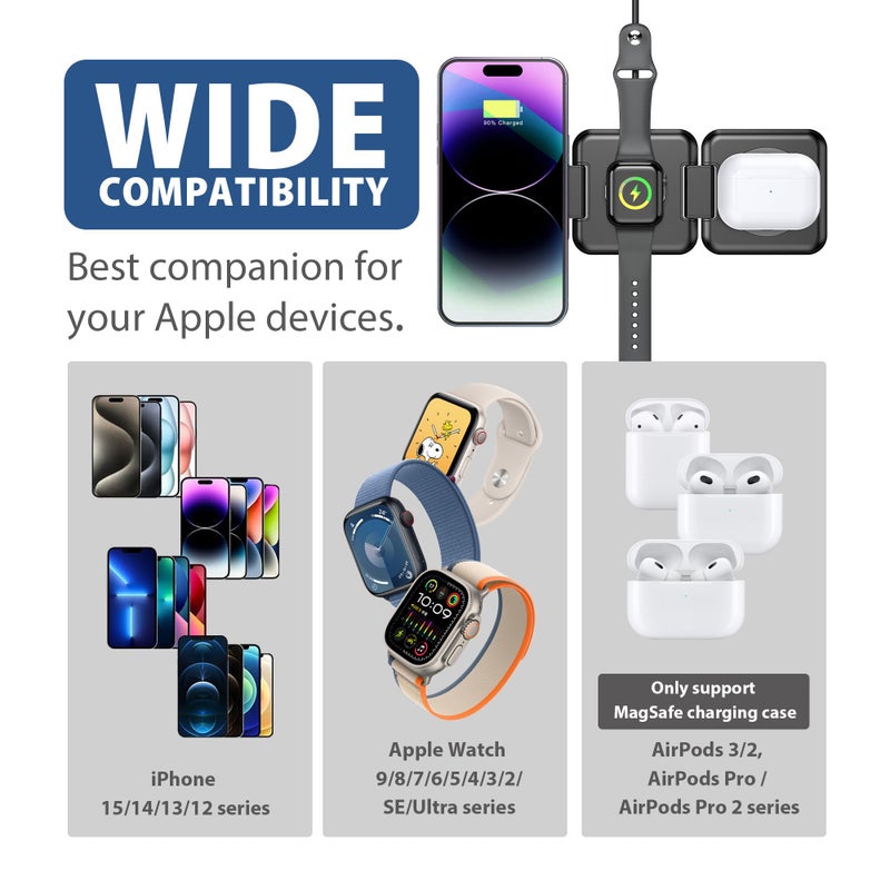 CYBERGIANT 3 in 1 Apple Charging Station for iPhone Airpods iWatch - Travel Charger for Multiple Devices, Portable Foldable Charging Station - Magnetic iPhone Charger with Adaptor&Case (Black) - Image 2