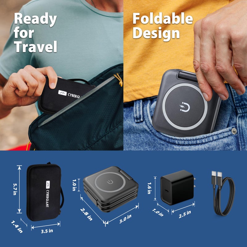 CYBERGIANT 3 in 1 Apple Charging Station for iPhone Airpods iWatch - Travel Charger for Multiple Devices, Portable Foldable Charging Station - Magnetic iPhone Charger with Adaptor&Case (Black) - Image 4