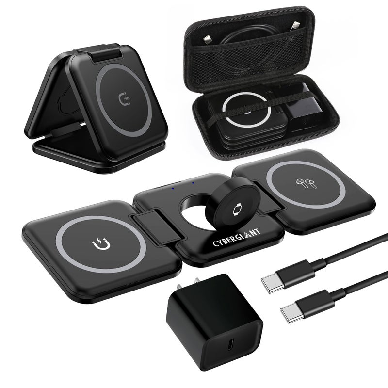 CYBERGIANT 3 in 1 Apple Charging Station for iPhone Airpods iWatch - Travel Charger for Multiple Devices, Portable Foldable Charging Station - Magnetic iPhone Charger with Adaptor&Case (Black) - Image 1