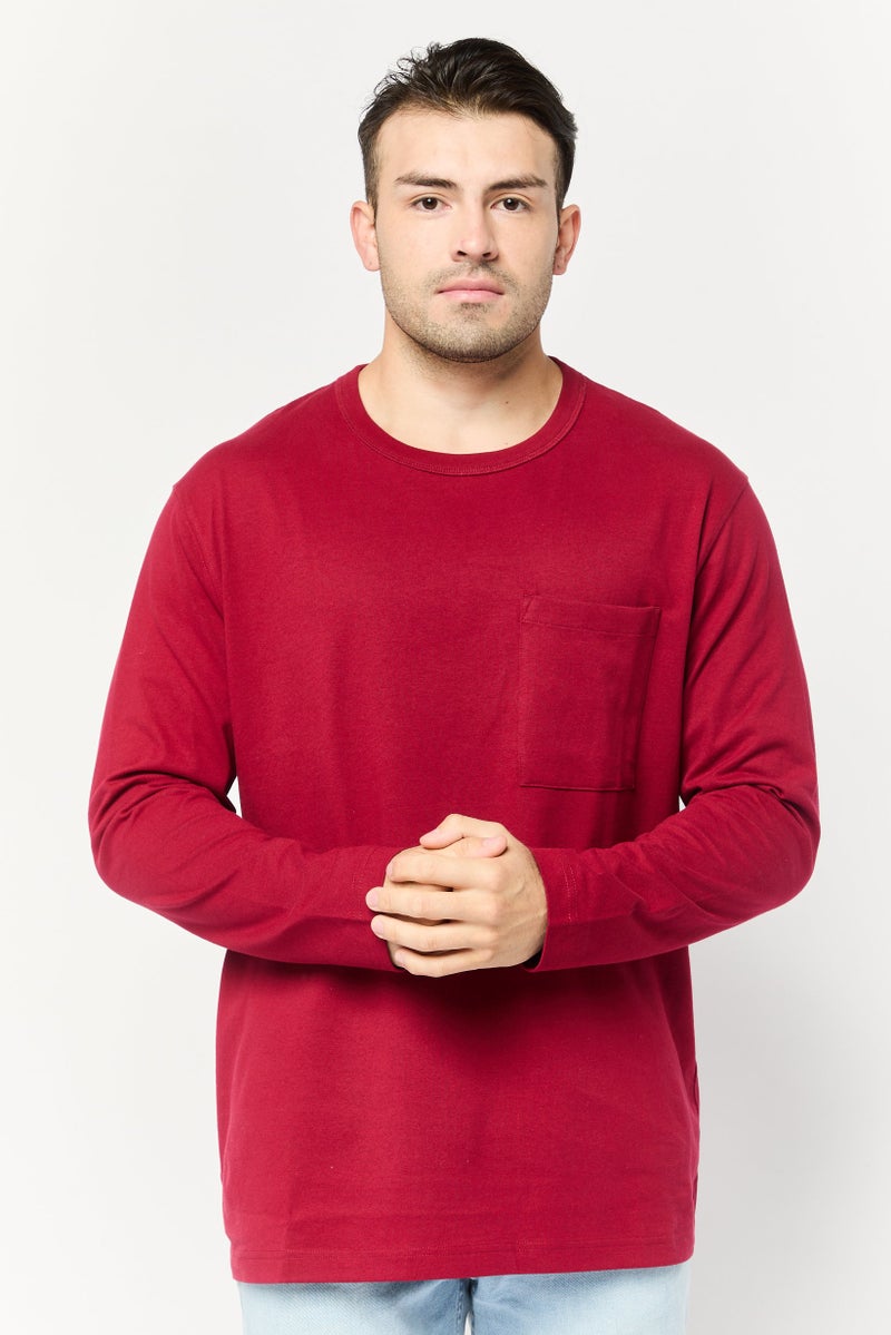 Celio Men Crew Neck Long Sleeves Solid T-shirt, Dark Red - Image 1