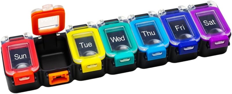 Ezy Dose EZY DOSE Weekly (7-Day) Pill Planner, Medicine Case, Vitamin Organizer Box, Waterproof Locking Compartments to Secure Prescription Medication and Prevent Accidental Spilling, Rainbow 