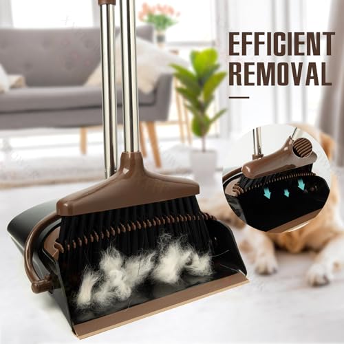XXFLOWER Broom and Dustpan Set with Long Handle, Light Weight Stainless Steel Poles Stand Upright Dustpans with Broom Combo for Home Kitchen Office Pet Dog Hair, 1-Pack (Black Brown) - Image 5