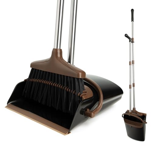 XXFLOWER Broom and Dustpan Set with Long Handle, Light Weight Stainless Steel Poles Stand Upright Dustpans with Broom Combo for Home Kitchen Office Pet Dog Hair, 1-Pack (Black Brown) - Image 1