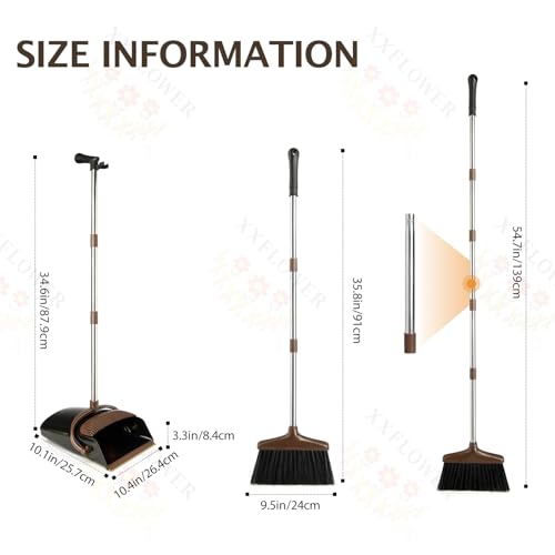 XXFLOWER Broom and Dustpan Set with Long Handle, Light Weight Stainless Steel Poles Stand Upright Dustpans with Broom Combo for Home Kitchen Office Pet Dog Hair, 1-Pack (Black Brown) - Image 2