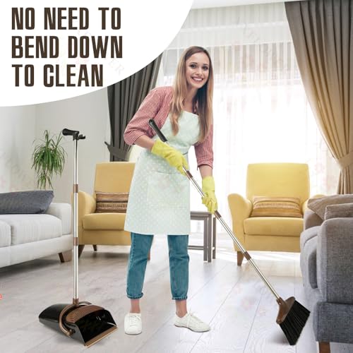 XXFLOWER Broom and Dustpan Set with Long Handle, Light Weight Stainless Steel Poles Stand Upright Dustpans with Broom Combo for Home Kitchen Office Pet Dog Hair, 1-Pack (Black Brown) - Image 3