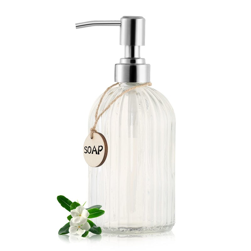 MOCLIF 16 OZ Soap DispenserTempered Glass Clear Vertical Stripe with 304 Rust Proof Stainless Steel Pump Refillable Liquid Hand Soap Dispenserfor Bathroom Kitchen Dish SoapLotion Clear