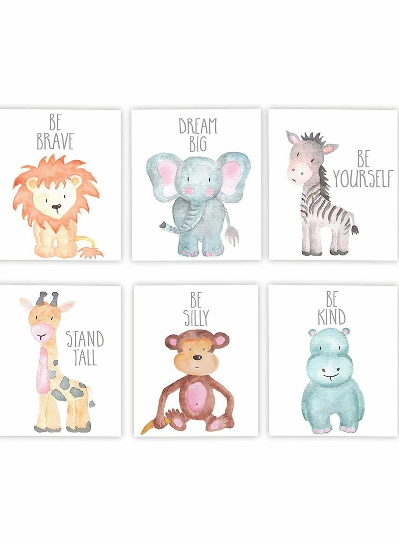 KASTWAVE Wall Decor, Jungle Safari Animal Unframed, Woodland Animals Art Print Adorable Lion Elephant Giraffe Monkey Zebra Hippo Paintings, Set of 6（21cm x 30cm) Kids Room  - Image 1