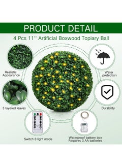 Hotop Hotop 11'' Faux Boxwood Balls Artificial Topiary with 100 LED String Light 8 Modes and Timer, Faux Boxwood Round Artificial Topiary for Outdoors Indoor Garland Patio Garden Wedding Home Decor(4 Pcs)  - Image 4