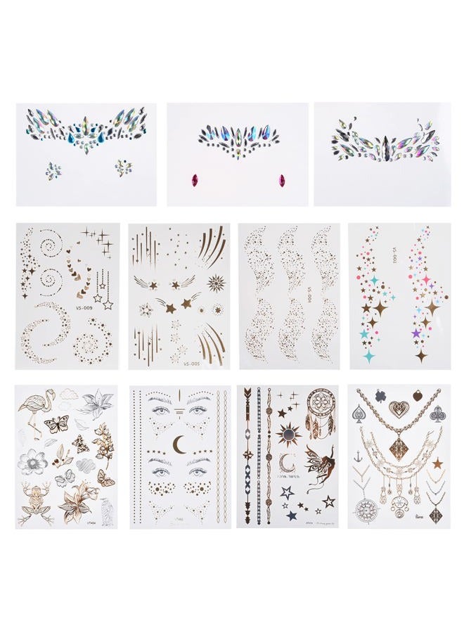 Kare Kind & Temporary Flash Stickers (3 sheets), Face Metallic Art Tattoo (5 sheets), Rhinestone Mermaid Face Jewels (3 Sheets) - Waterproof, Fake Jewelry, Glitter, Bohemian, Costume, Party, Coachella - Image 1