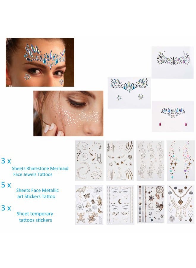 Kare Kind & Temporary Flash Stickers (3 sheets), Face Metallic Art Tattoo (5 sheets), Rhinestone Mermaid Face Jewels (3 Sheets) - Waterproof, Fake Jewelry, Glitter, Bohemian, Costume, Party, Coachella - Image 3