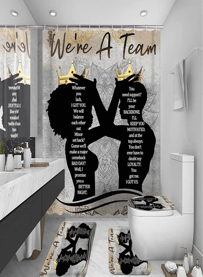 Omebero 4 Pcs Black King Queen Shower Curtain Set, Inspirational Quotes Black Man Women Bathroom Decor Sets with Shower Curtain and Rugs Toilet Lid Cover Bath Mat, Romantic Waterproof Fabric Shower Curtains - Image 1