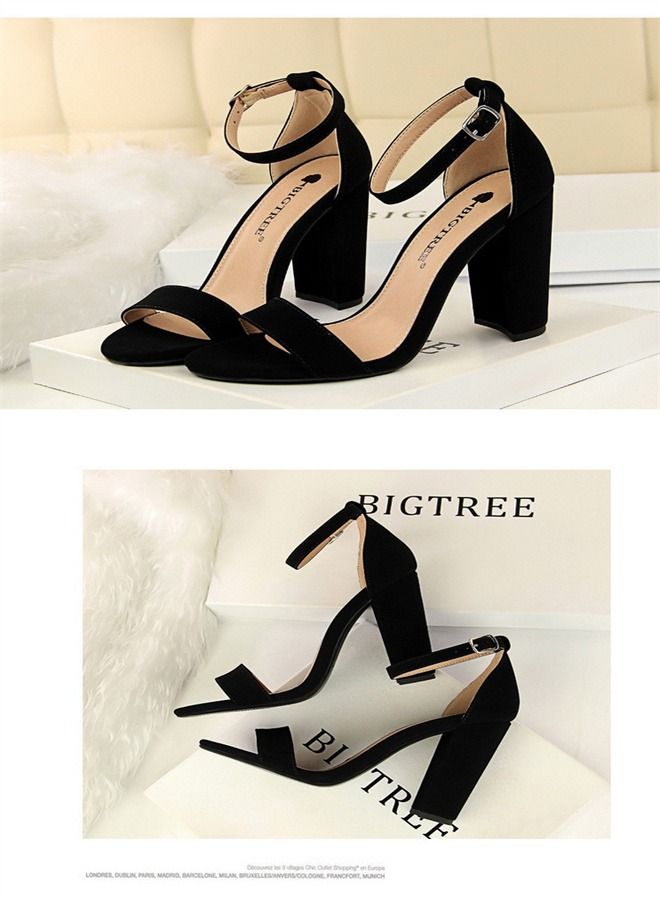 BIGTREE صنادل بكعب عالٍ أنيقة وبسيطة 9.5 سم سوداء - Image 2