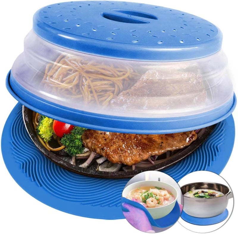 AIDACOM 2 in 1, Microwave Mat & Food Cover- Mat as Bowl Holder, Cover for Splatter Guard, Multi-use: Silicone Trivet, Pot Holders, Drying, Baking, Place Mat, Utensils Rest for Kitchen Counter, Blue - Image 1