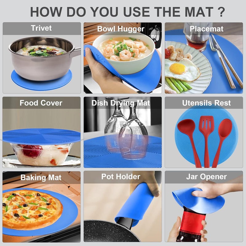 AIDACOM 2 in 1, Microwave Mat & Food Cover- Mat as Bowl Holder, Cover for Splatter Guard, Multi-use: Silicone Trivet, Pot Holders, Drying, Baking, Place Mat, Utensils Rest for Kitchen Counter, Blue - Image 3