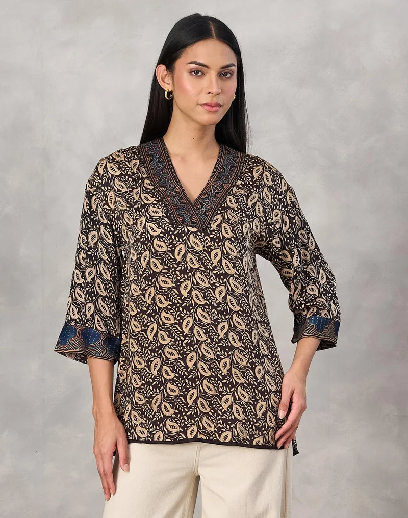 فاب انديا Beige-Black Rayon Blend Ajrakh Printed Tunic