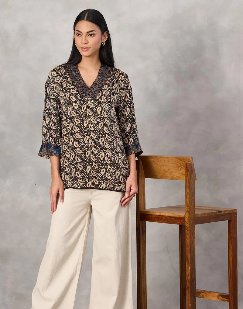 فاب انديا Beige-Black Rayon Blend Ajrakh Printed Tunic