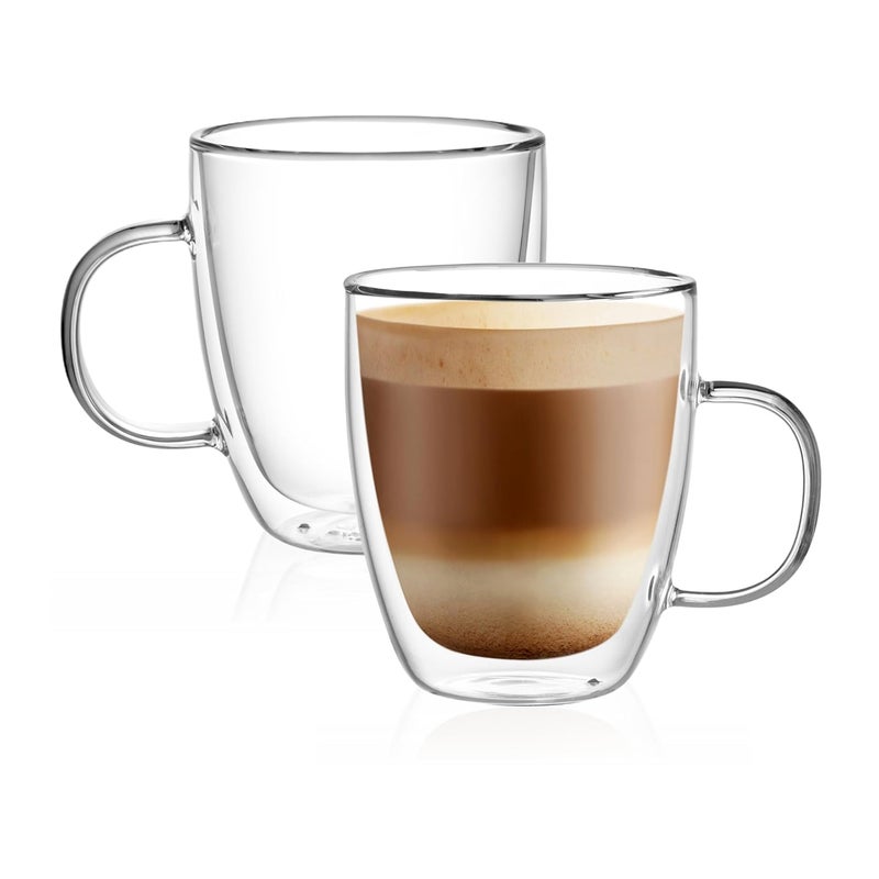 CNGLASS Double Wall Glass Coffee Mugs 12 ozInsulated Glass Coffee Cups with HandleClear Espresso Mugs for CappuccinoLatteTea BagsHot and Cold BeveragesSet of 2 - Image 1