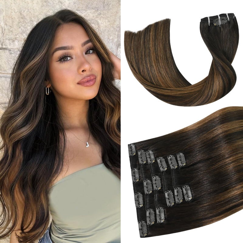 Aison Balayage Clip in Hair Extensions Real Human Hair 75G Dark Brown to Chestnut Brown 100 Remy 20 Inch for Women 7pcs 16clips - Image 2