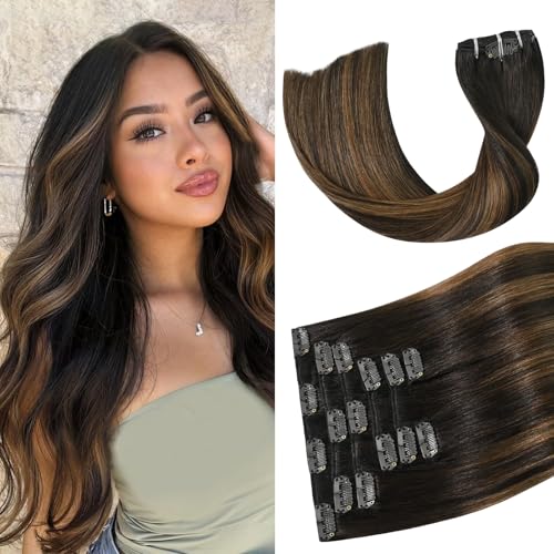 Aison Balayage Clip in Hair Extensions Real Human Hair 75G Dark Brown to Chestnut Brown 100 Remy 20 Inch for Women 7pcs 16clips - Image 1