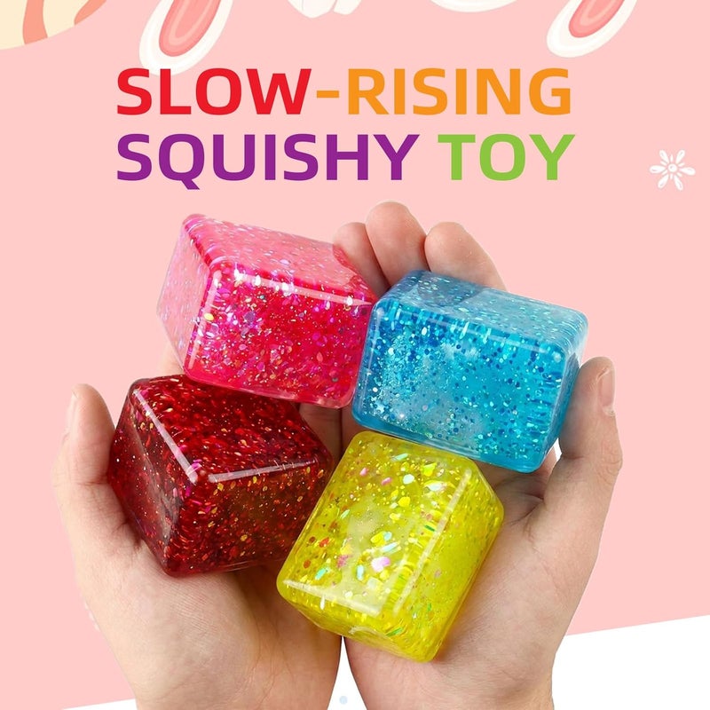 VOMAOK 4pcs Glitter Cube Stress Balls, Slow Rising Squishy Toys for Adults Kids, Sensory Fidget Toy for Stress Relief, Classroom Prizes, Party  Favors - Image 3