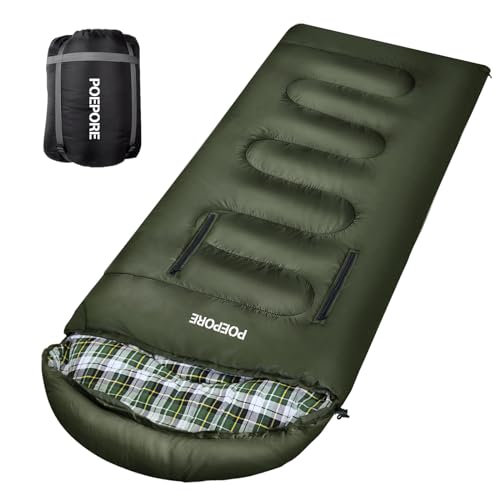 POEPORE Flannel Sleeping Bag Lightweight Warm Weather 34 Seasons for Adults XL Wearable Sleeping Bag Waterproof with Compression Sack Olive - Image 1