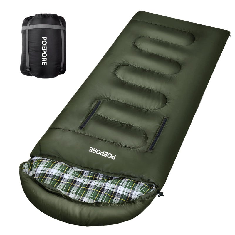 POEPORE Flannel Sleeping Bag Lightweight Warm Weather 34 Seasons for Adults XL Wearable Sleeping Bag Waterproof with Compression Sack Olive - Image 2