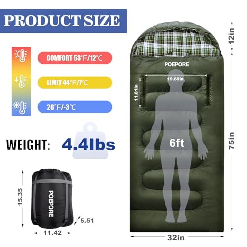 POEPORE Flannel Sleeping Bag Lightweight Warm Weather 34 Seasons for Adults XL Wearable Sleeping Bag Waterproof with Compression Sack Olive - Image 3