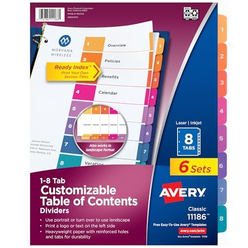 Avery 8 Tab Dividers for 3 Ring Binders Customizable Table of Contents Multicolor Tabs 6 Sets 11186