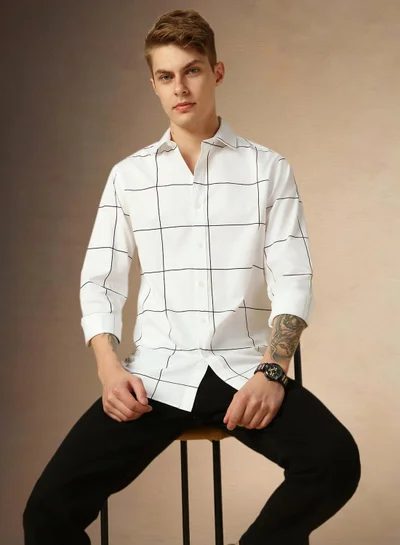 دينيس لينغو Men's White 100% Polyester Checkered Button Down Regular Fit Shirt