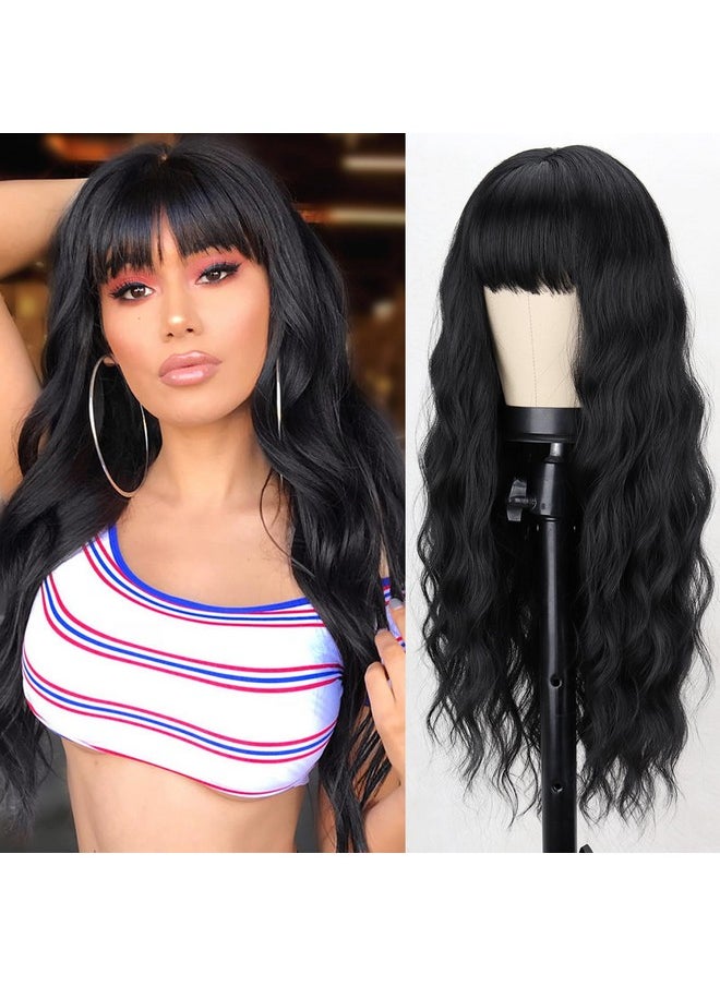 ميريسيهير شعر مستعار أسود طويل مع الانفجارات، 26 بوصة شعر مستعار صناعي مموج أسود للنساء، شعر مستعار أسود طويل مجعد مقاوم للحرارة، شعر مستعار سيلينا الأسود  - Image 1