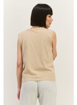Lefties Women Crew Neck Sleeveless Graphic Top, Dark Beige  - Image 3