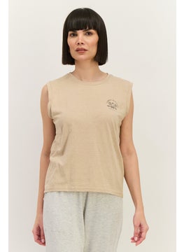 Lefties Women Crew Neck Sleeveless Graphic Top, Dark Beige  - Image 1