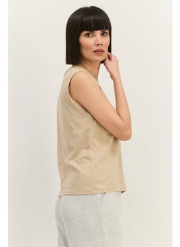 Lefties Women Crew Neck Sleeveless Graphic Top, Dark Beige  - Image 2