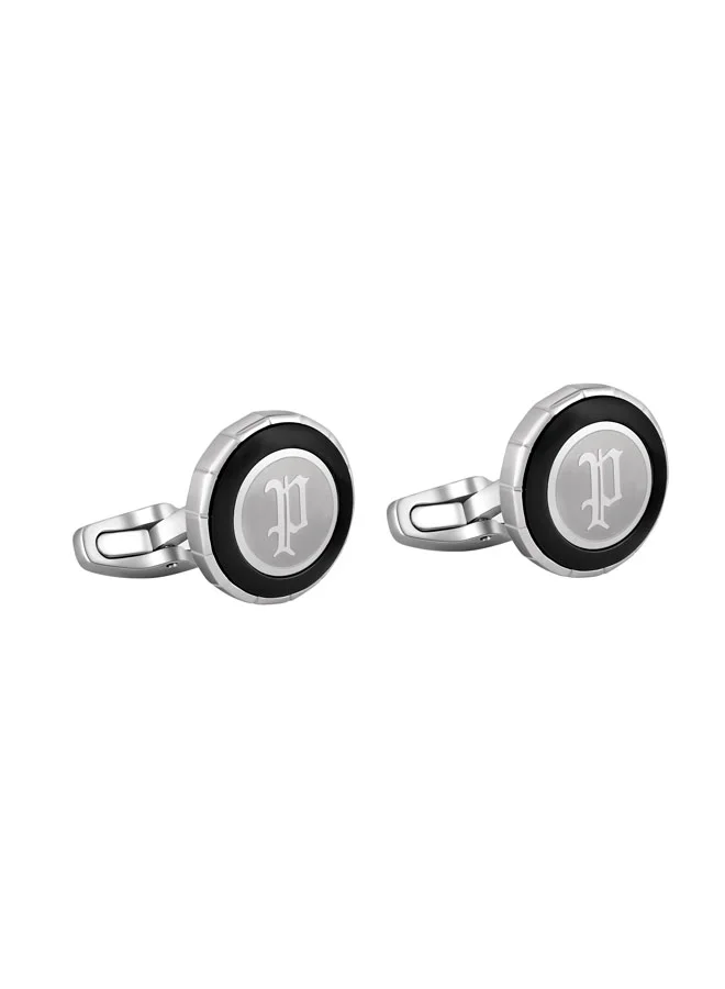بوليس Carver Silver Black Stainless Steel Round Cufflinks for Men