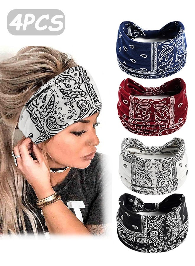 Quantum 4 PCS Headbands, Wide Knotted Stretch Boho Headbands, Non-Slip Head Turban Yoga Sports Hair Accessories for Women Girls - Image 1