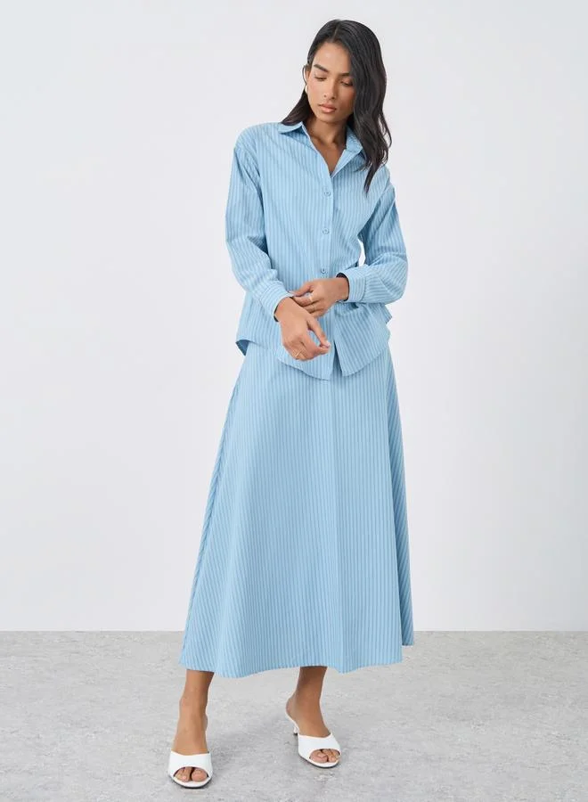 Take Two Take Two Women Blue Striped Long Sleeve Shirt and A-Line Skirt Co-Ords