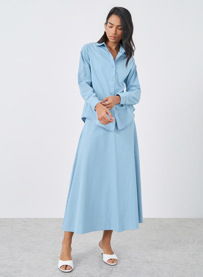 تايك تو طقم نسائي من قطعتين: بلوزة بأكمام طويلة مخططة باللون الأزرق وتنورة - - Image 3