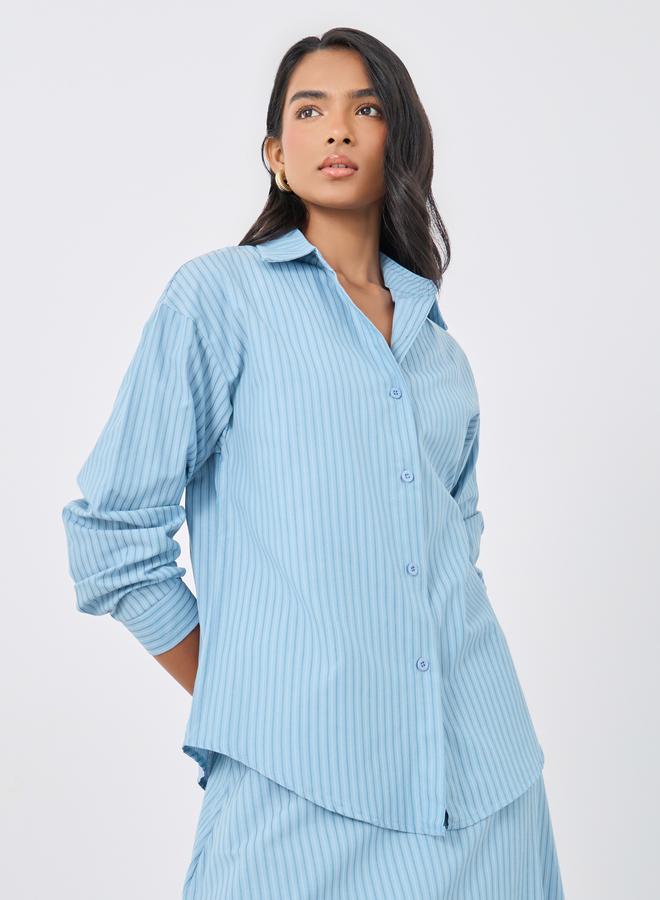 تايك تو طقم نسائي من قطعتين: بلوزة بأكمام طويلة مخططة باللون الأزرق وتنورة - - Image 2