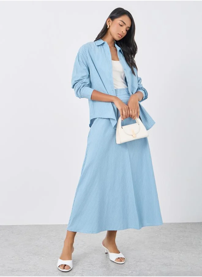 تايك تو Take Two Women Blue Striped Long Sleeve Shirt and A-Line Skirt Co-Ords