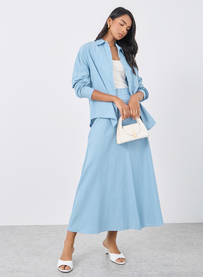 تايك تو طقم نسائي من قطعتين: بلوزة بأكمام طويلة مخططة باللون الأزرق وتنورة - - Image 1