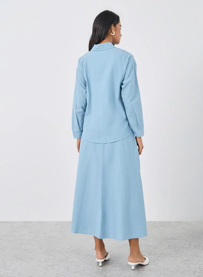 Take Two Take Two Women Blue Striped Long Sleeve Shirt and A-Line Skirt Co-Ords