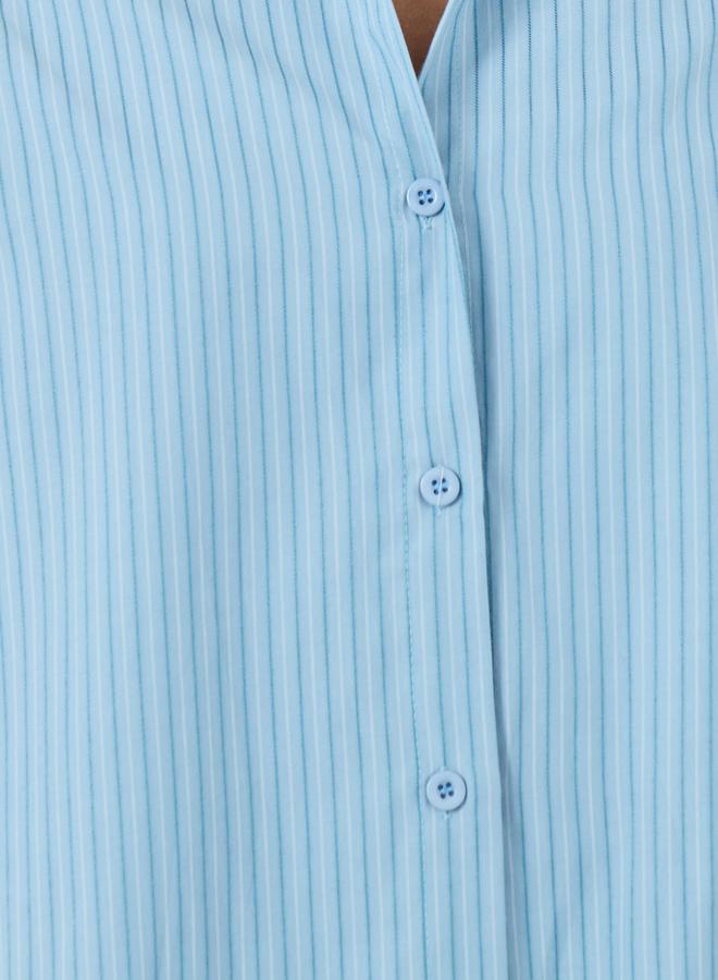 تايك تو طقم نسائي من قطعتين: بلوزة بأكمام طويلة مخططة باللون الأزرق وتنورة - - Image 4