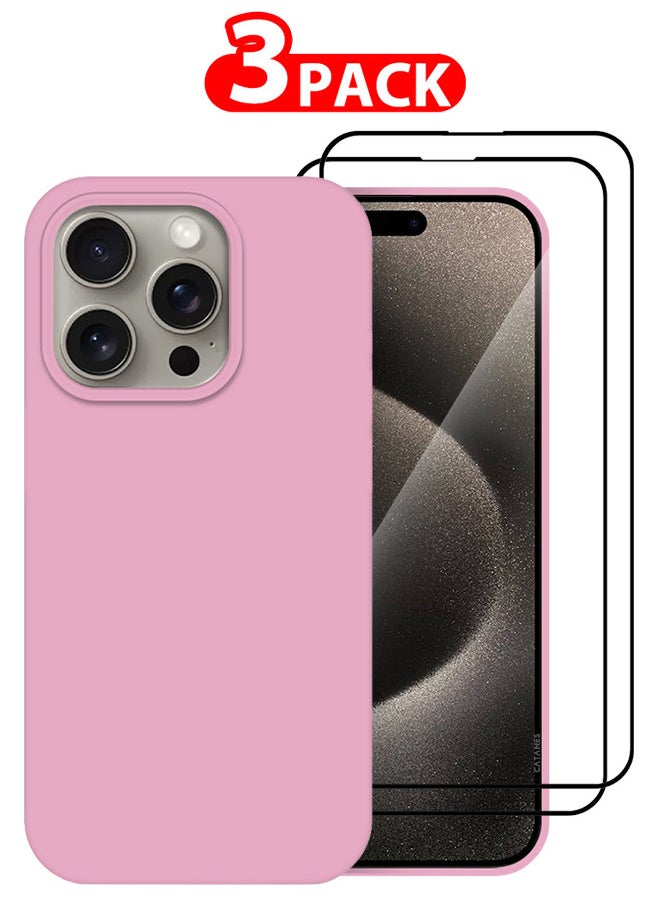 CATANES 3 Pack For iPhone 15 Pro Max Case and 2 Screen Protectors Silicone Case Full Body Protective Cover Shockproof Slim Phone Case Anti-Scratch Soft Microfiber Lining Pink  - Image 1