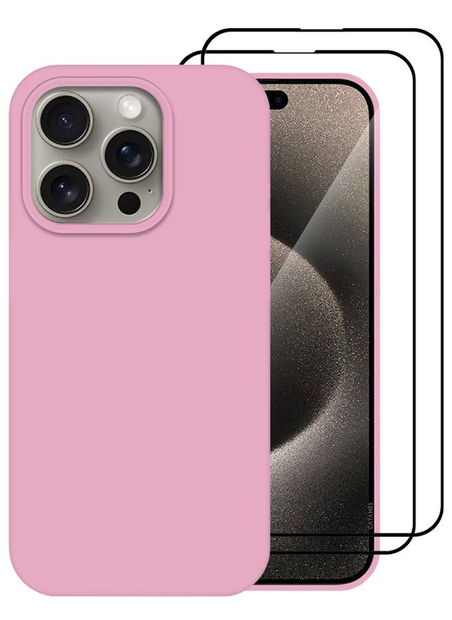 CATANES 3 Pack For iPhone 15 Pro Max Case and 2 Screen Protectors Silicone Case Full Body Protective Cover Shockproof Slim Phone Case Anti-Scratch Soft Microfiber Lining Pink  - Image 2