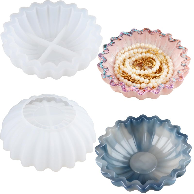 F FYJS ï»¿2 Pcs Flower Bowl Resin Mold, Flower Tray Silicone Molds for Resin, Candle Vessel Silicone Mold, Epoxy Molds for DIY Jewelry Trinket Container Candle Holder Home Decoration - Image 1