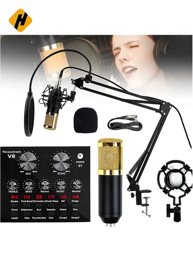 HuHa Microphone,Live Sound Card & BM800 Suspension Microphone Kit Broadcasting Recording Condenser Microphone Set Intelligent Volume Audio Mixer Sound Card for Computer PC Live Sound - Image 1