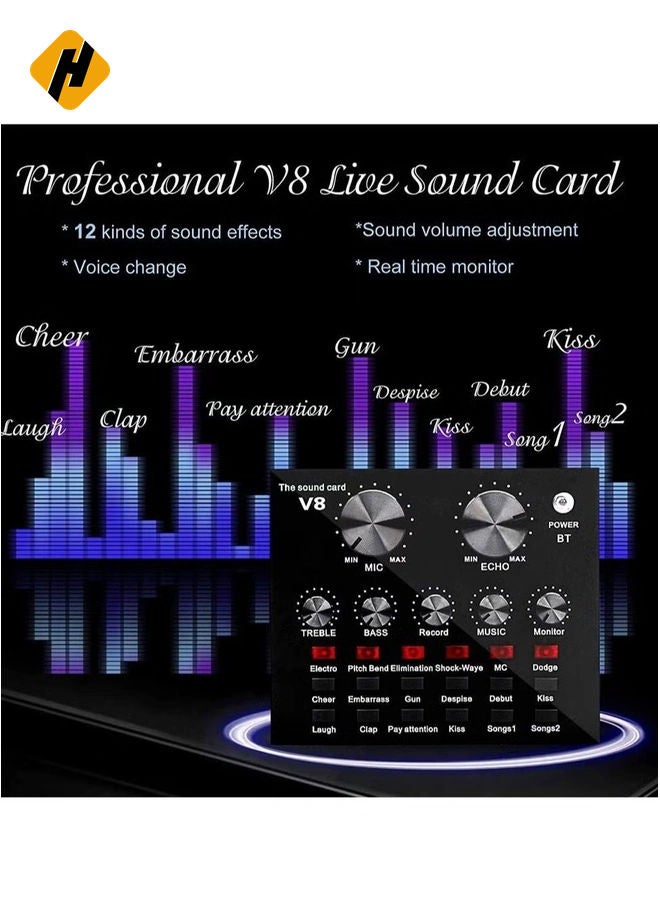 HuHa Microphone,Live Sound Card & BM800 Suspension Microphone Kit Broadcasting Recording Condenser Microphone Set Intelligent Volume Audio Mixer Sound Card for Computer PC Live Sound - Image 5