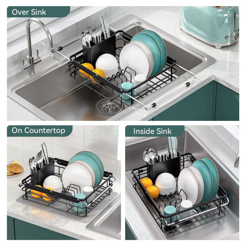 TOOLF Over the Sink Dish Drying Rack,In Sink Dish Drying Racks,Expandable Dish Rack Over Sink Counter,Adjustable Dish Drainer for Inside Sink with Utensil Holder, Stainless Steel Dish Strainer Large Size - Image 3