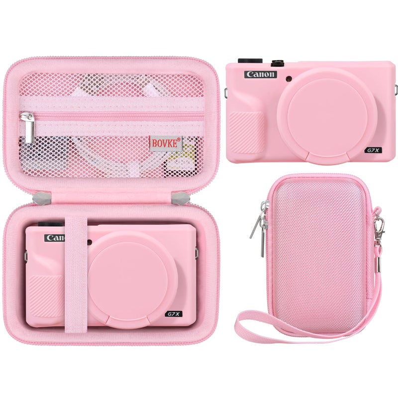 BOVKE Hard Case + Silicone Cover for Canon Powershot G7 X Mark III Digital Camera, Shockproof EVA Storage Bag with Soft Silicone Protective Case, Removable Lens Cover, Wrist Strap, Pink - Image 1