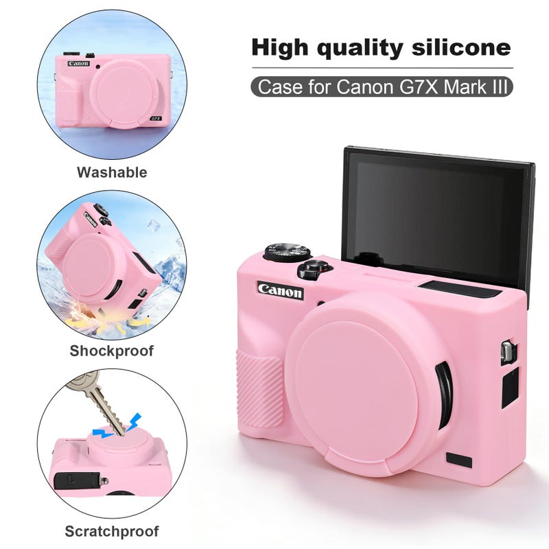 BOVKE Hard Case + Silicone Cover for Canon Powershot G7 X Mark III Digital Camera, Shockproof EVA Storage Bag with Soft Silicone Protective Case, Removable Lens Cover, Wrist Strap, Pink - Image 4